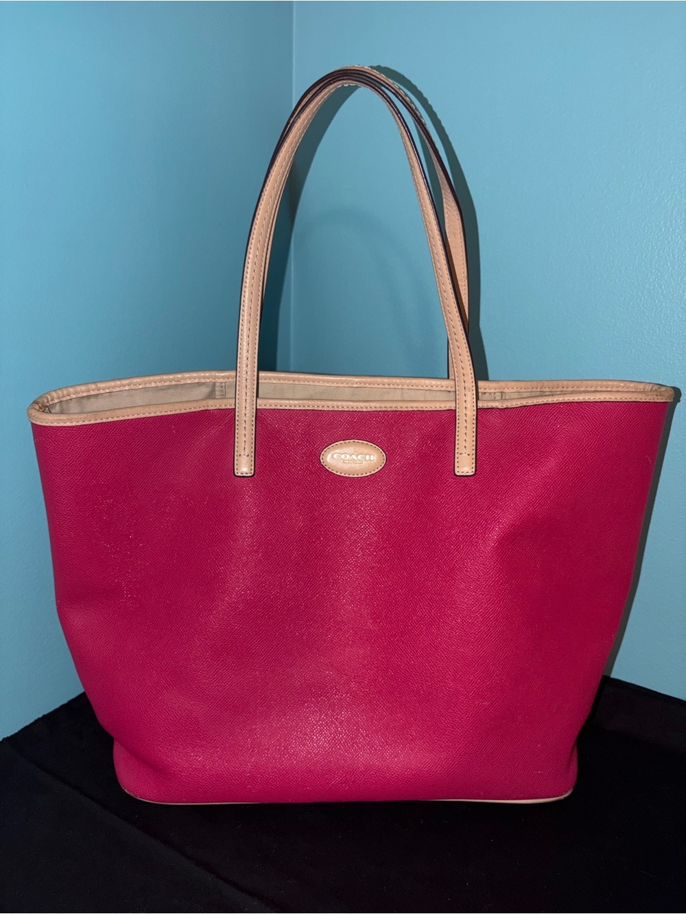 Coach Hot Pink Leather Tote with Beige Trim